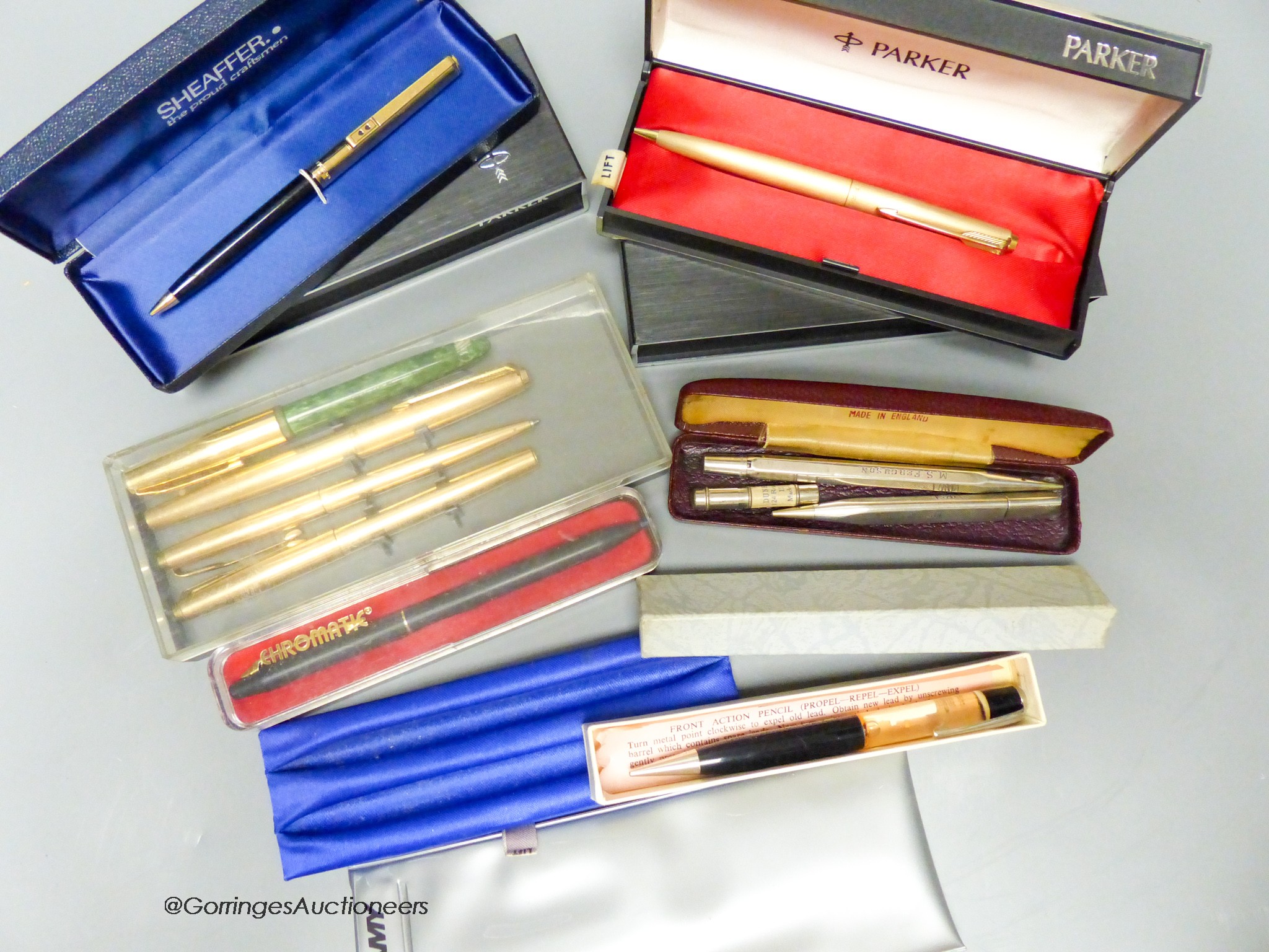 A group of Parker fountain ballpoint pens, Yard-O-Led pencil and a silver propelling pencil etc